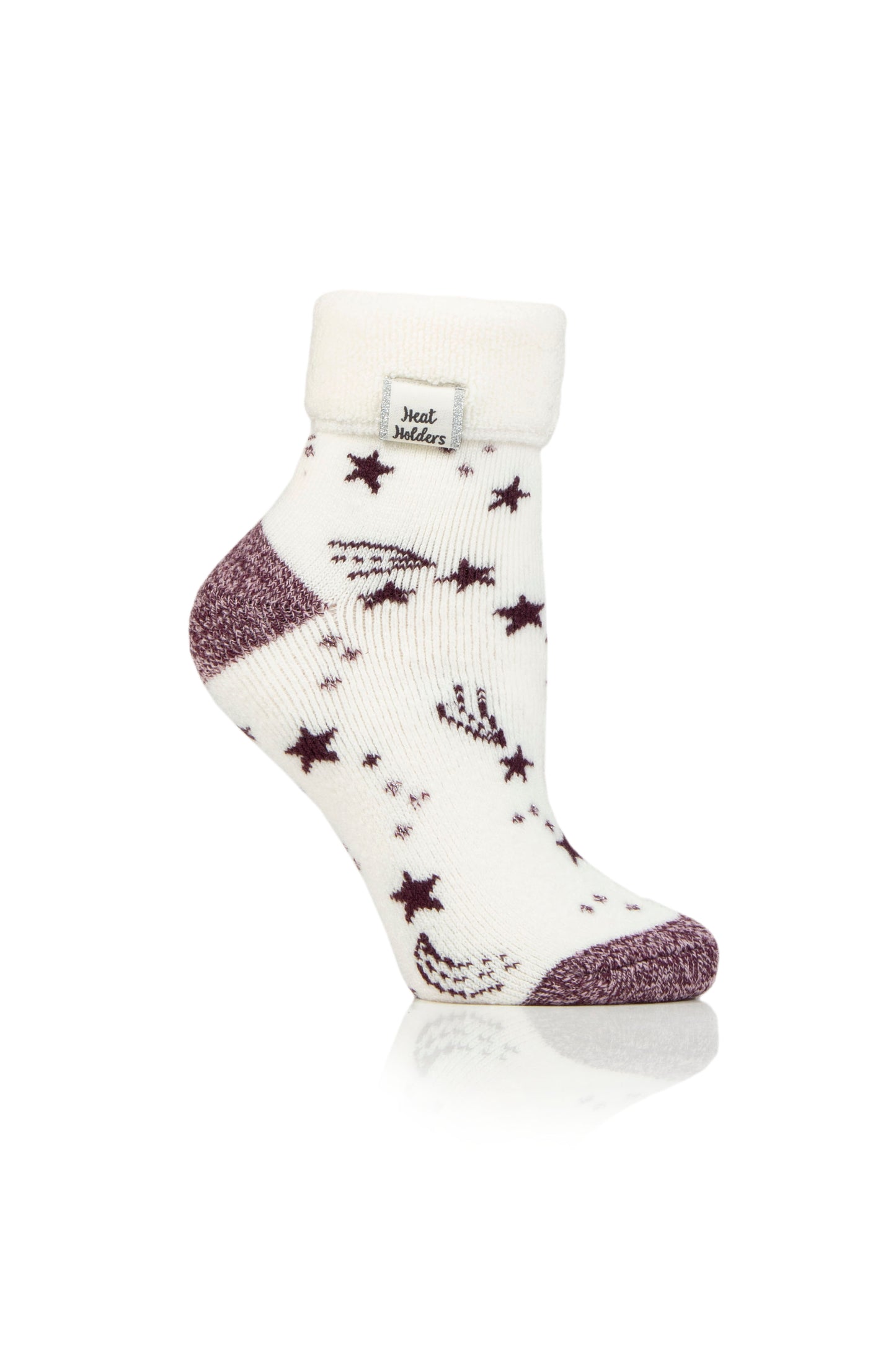 Ladies Lite Orion Sleep Socks with Turnover Top - Ivory & Cabernet Stars