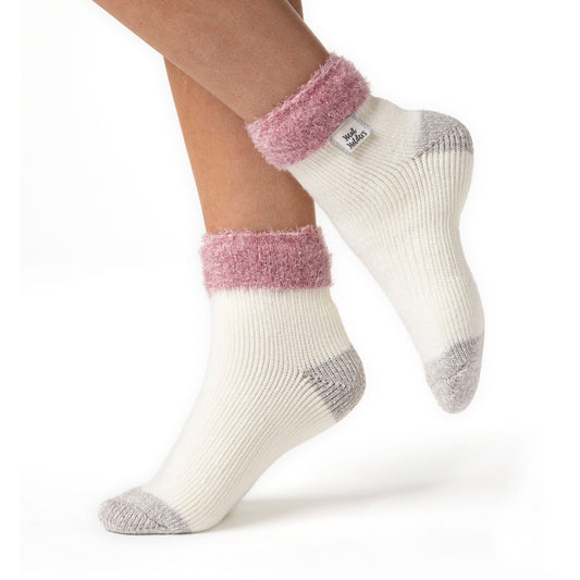 Ladies Original Lounge Socks with Turnover Feather Top - Pink & Cream