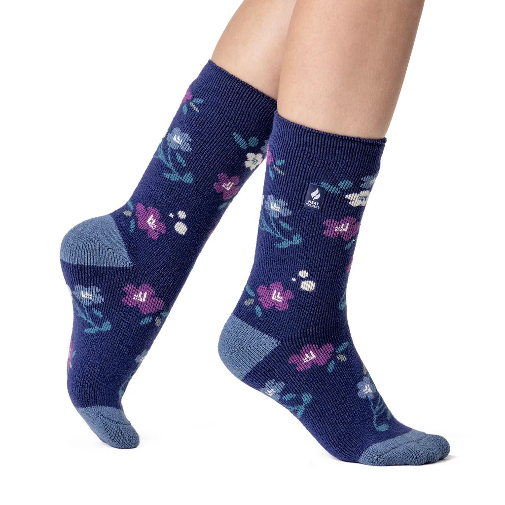 Heat Holders Damen Lite Thermosocken Lanuza mit Blumenmuster – Zartes Marineblau
