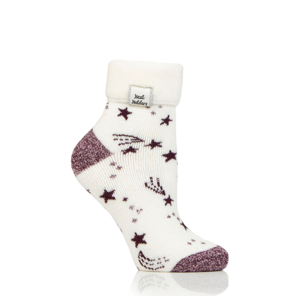 Heat Holders Damen Lite Orion Lounge-Socken mit umklappbarem Bündchen – Elfenbein & Cabernet Sterne